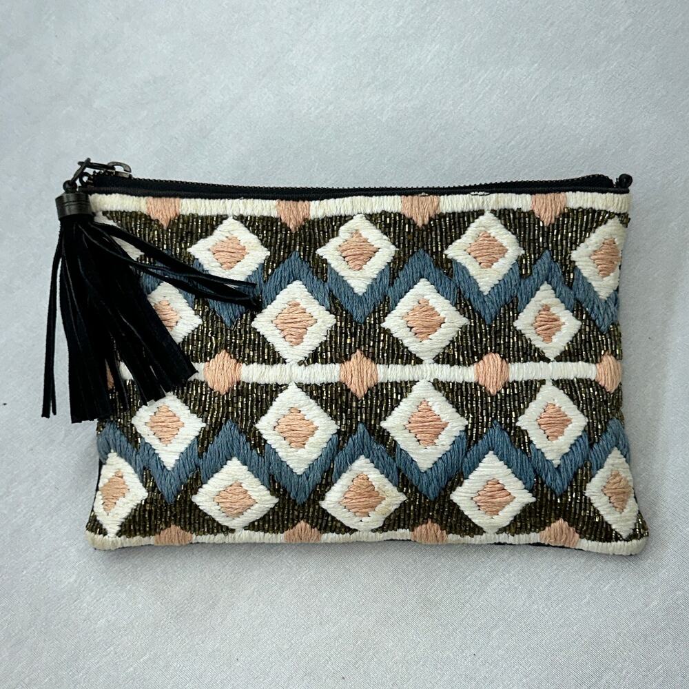 Boho Beaded Geo Clutch Zipper Pouch Bag Black Leather Back